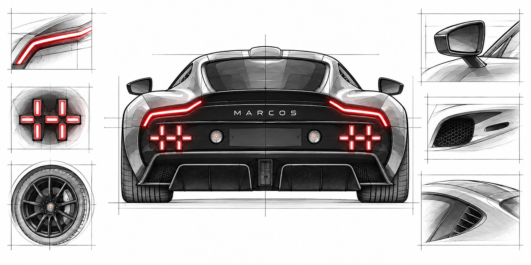 Design study sheet for the Marcos Manticore, showing a detailed rear elevation with wrap-around LED taillights and the MARCOS wordmark, flanked by six detail studies: the headlight bar, taillight motif, wheel, side mirror, side air intake and rear haunch